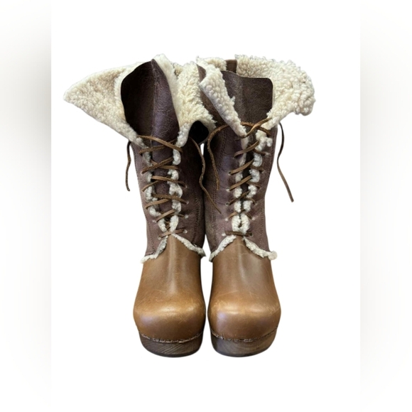 Sanita Clogs Block Boots Leather Wood Real Fur Lamb Brown/White Size 41 EUC - Picture 4 of 9